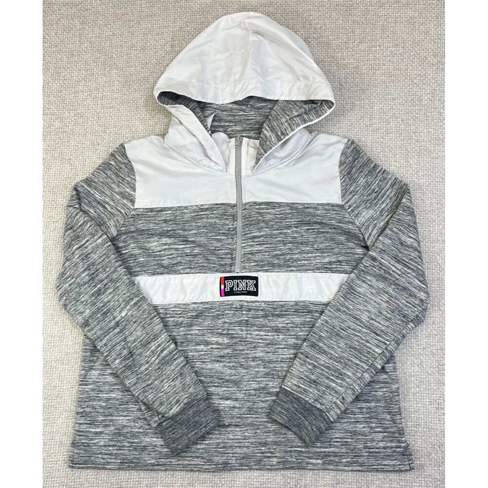 Victorias Secret Pink 1/2 Zip Hoodie Sweatshirt Women's Large Gray White Logo